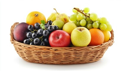 A wicker basket overflowing with a variety of fresh fruits, including apples, oranges, grapes, pears, and plums, isolated on a white background.