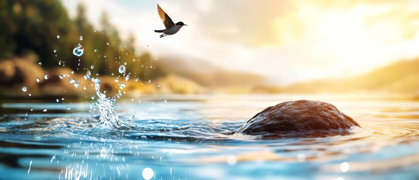  A bird flies above a tranquil body of water, its reflection mirrored perfectly on the surface A rock sits prominently in the foreground Beyond lies a dense, verd