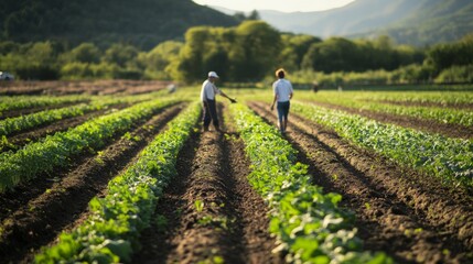 Two People Walking Through Rows of Crops in a Farm Field
