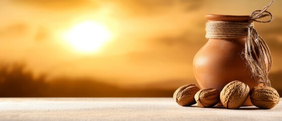  A brown vase sits atop a table, with a pair of acorns nearby