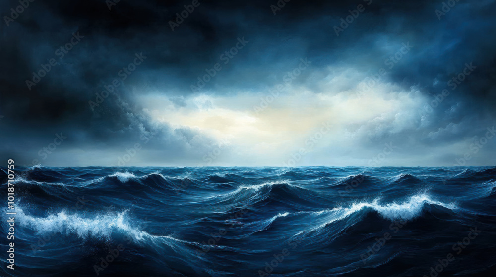 Wall mural stormy ocean scene with dark churning waves and dramatic clouds creates sense of power and intensity