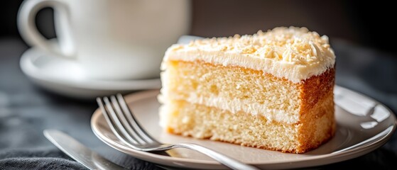  A tight shot of a cake slice on a plate, accompanied by a fork and a steaming cup of coffee in the distance
