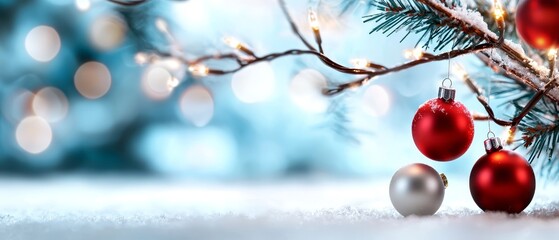  A Christmas tree adorned with three red and silver ornaments dangling from its branches, against a backdrop of twinkling holiday lights