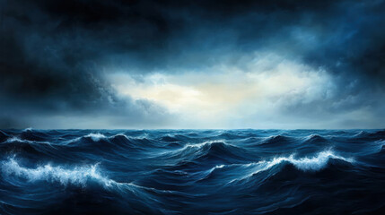 stormy ocean scene with dark churning waves and dramatic clouds creates sense of power and intensity. turbulent waters reflect mood of sky, evoking feelings of awe and respect for natures forces