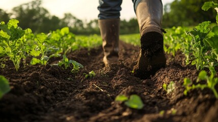 Close-up of a muddy boot walking through a field of green plants