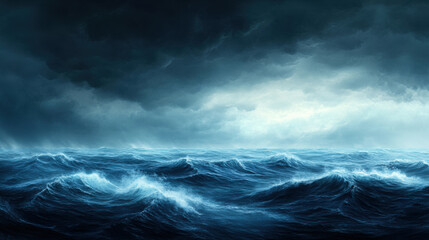 stormy ocean scene with dark churning waves and ominous clouds creates dramatic atmosphere. turbulent waters reflect intensity of natures power and beauty