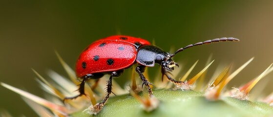 Fototapeta premium A tight shot of a red-and-black insect perched on a green plant Needle-like foliage of long, thin consistency lies in the foreground