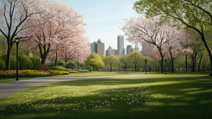 vibrant city park in spring features blooming cherry trees and lush green grass, creating serene atmosphere. skyline in background adds modern touch to this natural beauty