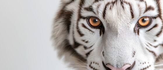  A tight shot of a white tiger's face, displaying intricate browns and whites in its striped fur