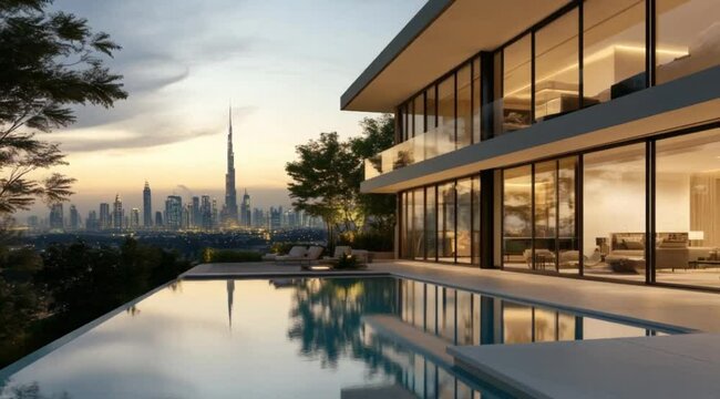 Modern Luxury Penthouse in Dubai with Large Balcony, Pool, and City Skyline View at Sunset, 3D Art