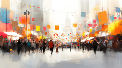 vibrant street carnival scene filled with colorful banners and lively crowds, creating energetic atmosphere. bright colors and bustling activity evoke sense of joy and celebration