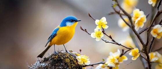 Naklejka premium A blue-and-yellow bird perches on a tree's white and yellow flowered branch