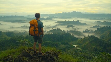 Naklejka premium Hiker overlooking misty mountain landscape.