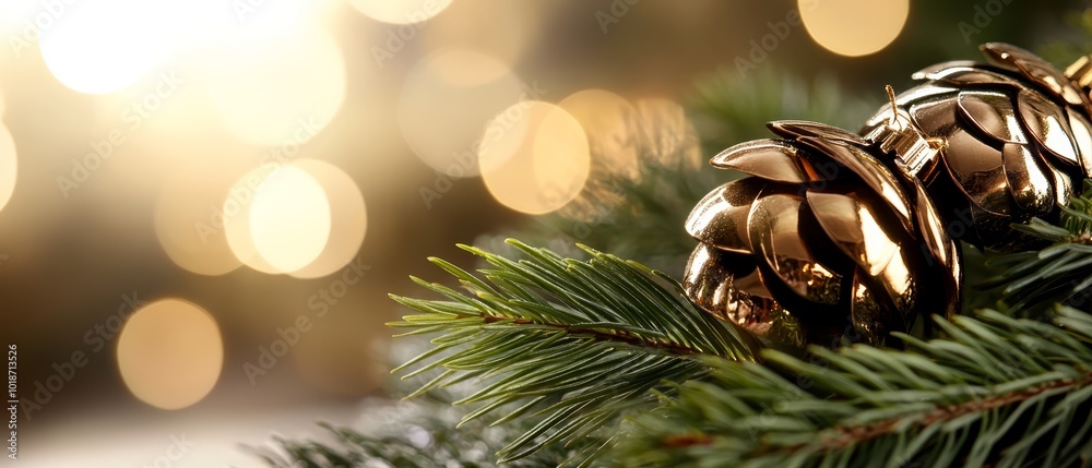 Canvas Prints  A tight shot of a pine cone ornament on a Christmas tree against a backdrop of twinkling lights