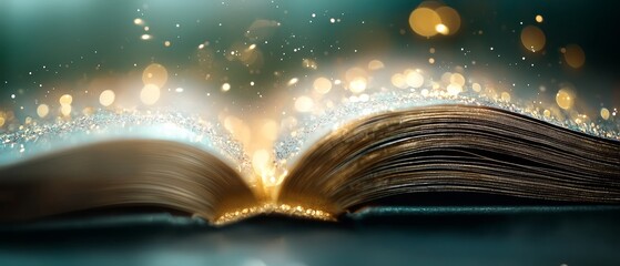 An open book on a table, its pages emitting soft, blurred light