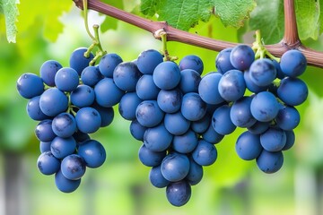 Vibrant blue grapes hanging on a vine.