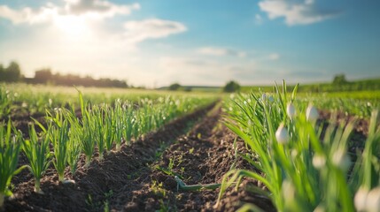 Obraz premium Rows of Green Onion Plants in a Field at Sunset