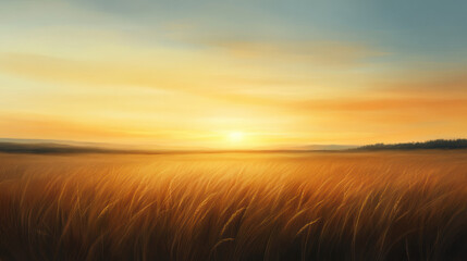 Obraz premium serene sunset over vast prairie, with golden grasses swaying gently in breeze, creating peaceful and tranquil atmosphere. warm hues of orange and yellow fill sky, inviting calmness