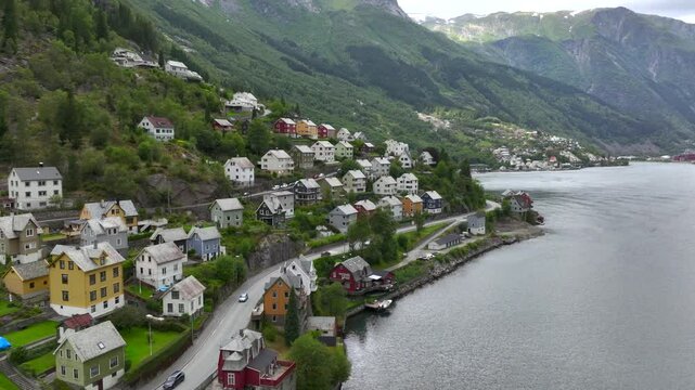 Beautiful Traditional Norwegian Colorful Houses in Odda Village at Hardanger Fjord in Vestland, Norway, Scandinavia.