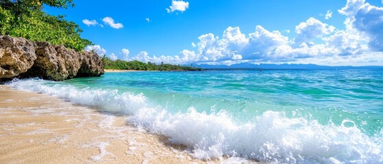 Obraz premium A beach with a wave approaching shore Cliff looms opposite, backed by a blue sky dotted with white clouds