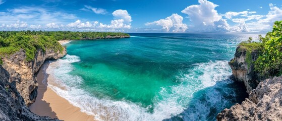 Fototapeta premium A large body of water lies beside a lush, green forest-covered hillside atop a verdant, elevated expanse