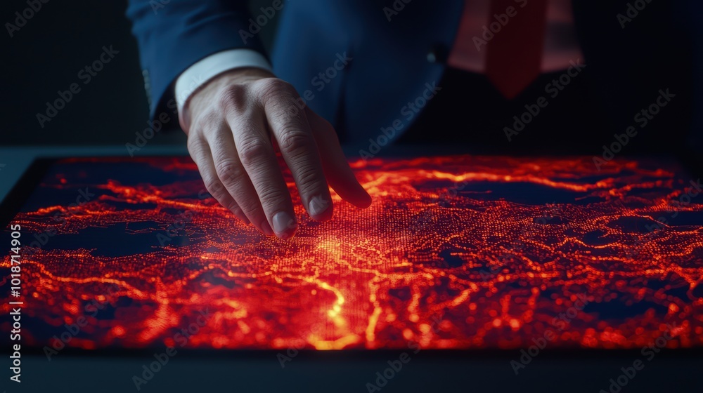 Poster A business professional interacting with an illuminated digital display of data patterns.