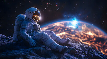 Fototapeta premium An astronaut observes the vibrant life on Earth as he sits calmly and watches space, with the planet Earth reflected in his helmet.
