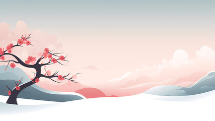 Pink blossom tree in winter snow scene