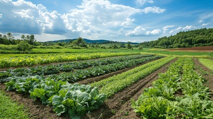 Rows of lush green leafy vegetables growing in a farm field under a blue sky with white clouds