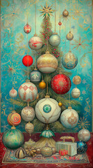 Vintage christmas tree decorations on turquoise background.