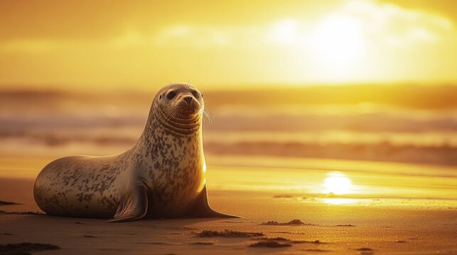A stunning scene of a lone seal resting on the beach at sunset, creating a perfect moment of tranquility and beauty in nature.
