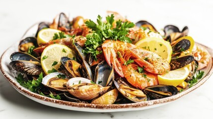 Seafood platter with mussels, clams, and shrimp on a white plate with lemon wedges and parsley garnish