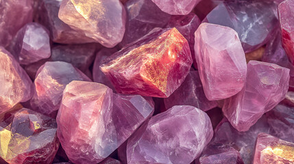 Fototapeta premium Natural pink quartz crystals scattered on a textured surface, beautifully lit by daylight