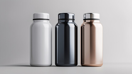 A set of three minimalist, sleek insulated bottles in white, black, and rose gold, displayed on a neutral background.