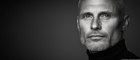  A monochrome image of a man in a black turtleneck, gazing intently into the camera with a grave expression