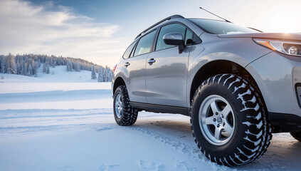 Winter SUV parked on snow-covered terrain with sunlit forest and tire details in foreground