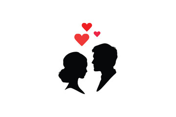 Couple Silhouette in Love with Floating Hearts , Valentine’s Day Romance Illustration