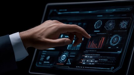 A hand interacting with a futuristic digital display showing graphs and data on a dark background.
