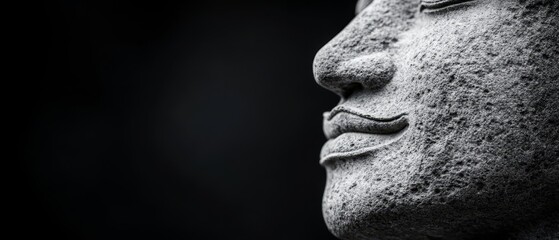  A monochrome image of a statued face, eyes closed, against a jet-black backdrop