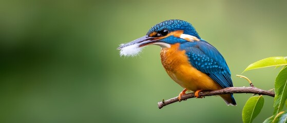 Fototapeta premium A vibrant bird sits on a branch, beak filled with a worm, background softly blurred