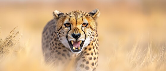 Fototapeta premium A tight shot of a cheetah in tall grass, mouth agape, displaying widely open teeth
