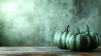 Halloween green pumpkins on rustic wooden table.Copy space