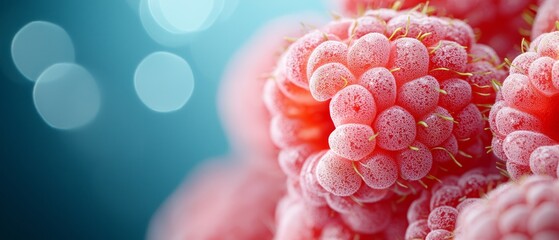  A tight shot of red and white blooms, adorned with water beads, against a backdrop of tranquil blue