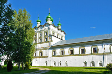 Veliky Novgorod, Russia. Church of St John the Evangelist with the refectory church of the Ascension in Nicholas Vyazhischsky stauropegic monastery, Veliky Novgorod, Russia