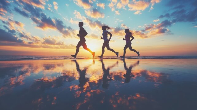 Silhouettes of runners on beach during sunset, reflected in water.