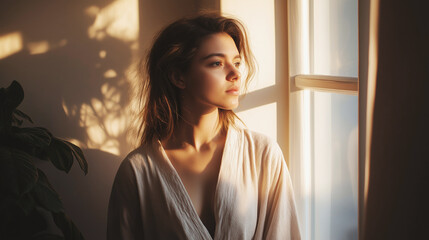 Woman in soft morning light next to window looking outside contemplatively backdrop tranquility concept