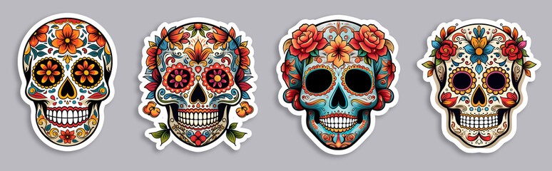 set of sugar skull, day of death, mexican style on  isolated background. sticker pack. illustration
