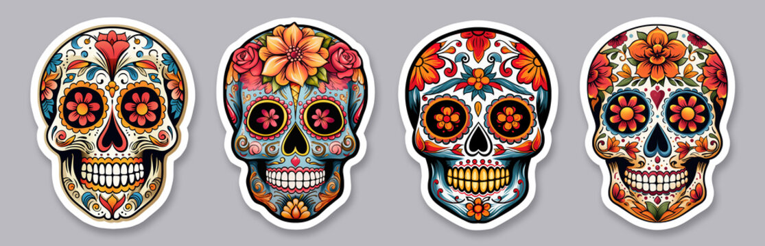 set of sugar skull, day of death, mexican style on  isolated background. sticker pack. illustration
