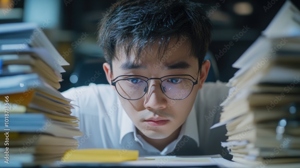 Poster a person studying a stack of papers, possibly reviewing or organizing documents
