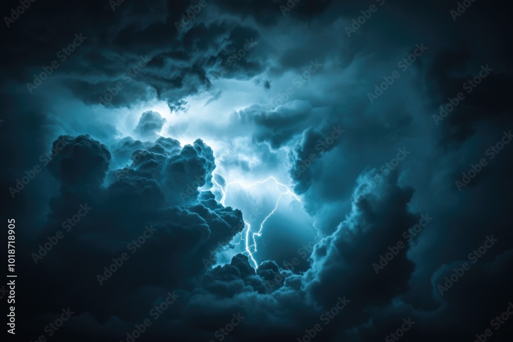 Poster a dramatic weather scene with dark blue clouds and lightning, suitable for use in news or documentar